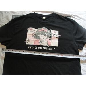Womens Anime Girl Anti Social Butterfly Graphic Shirt Black Kawaii Japan Size L